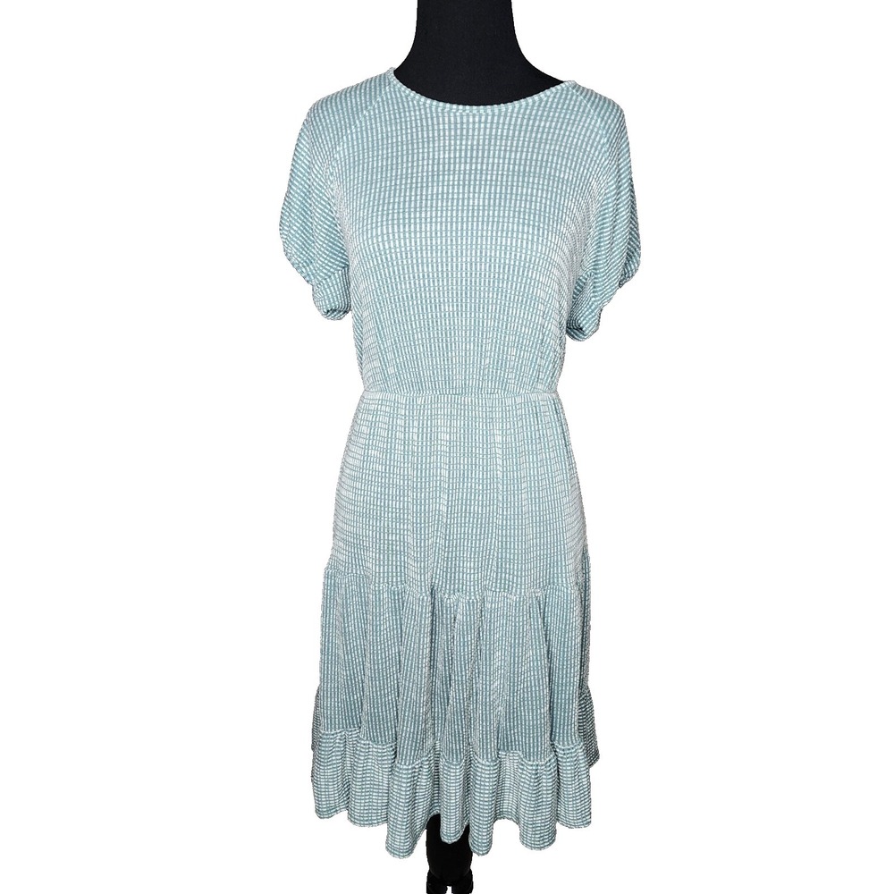 Womens Green White Striped Short Sleeve Stretchy Open Back Dress Medium